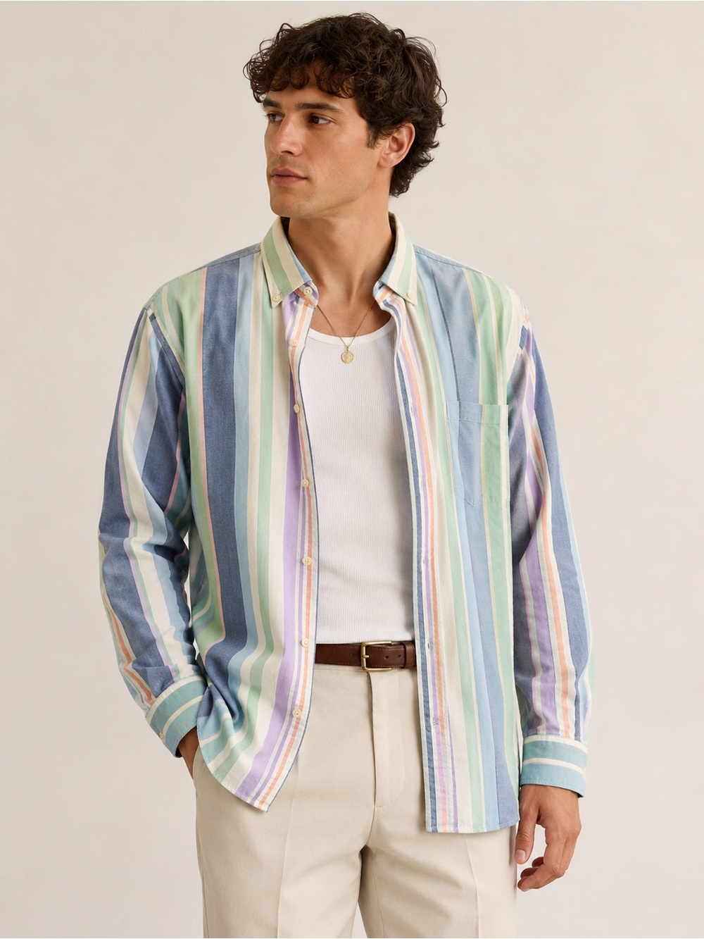 Izod Saltwater Pastel Multi-Stripe Button-Down Shirt - Light Green Blue Pink M - Picture 10 of 10